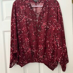 Express Burgundy Floral Lace-Up Blouse